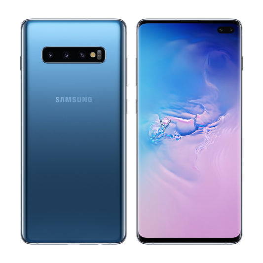 Samsung Galaxy S10+ in Prism Blue, front and back view