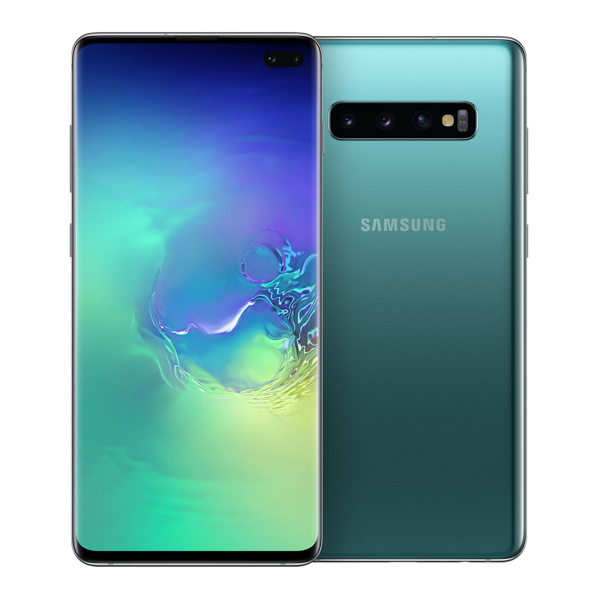 Samsung Galaxy S10+ in Prism Green, front and back view