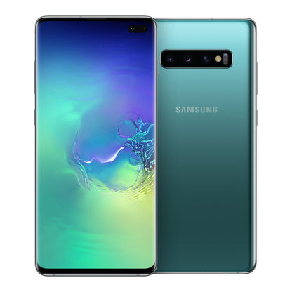 Samsung Galaxy S10+ in Prism Green, front and back view