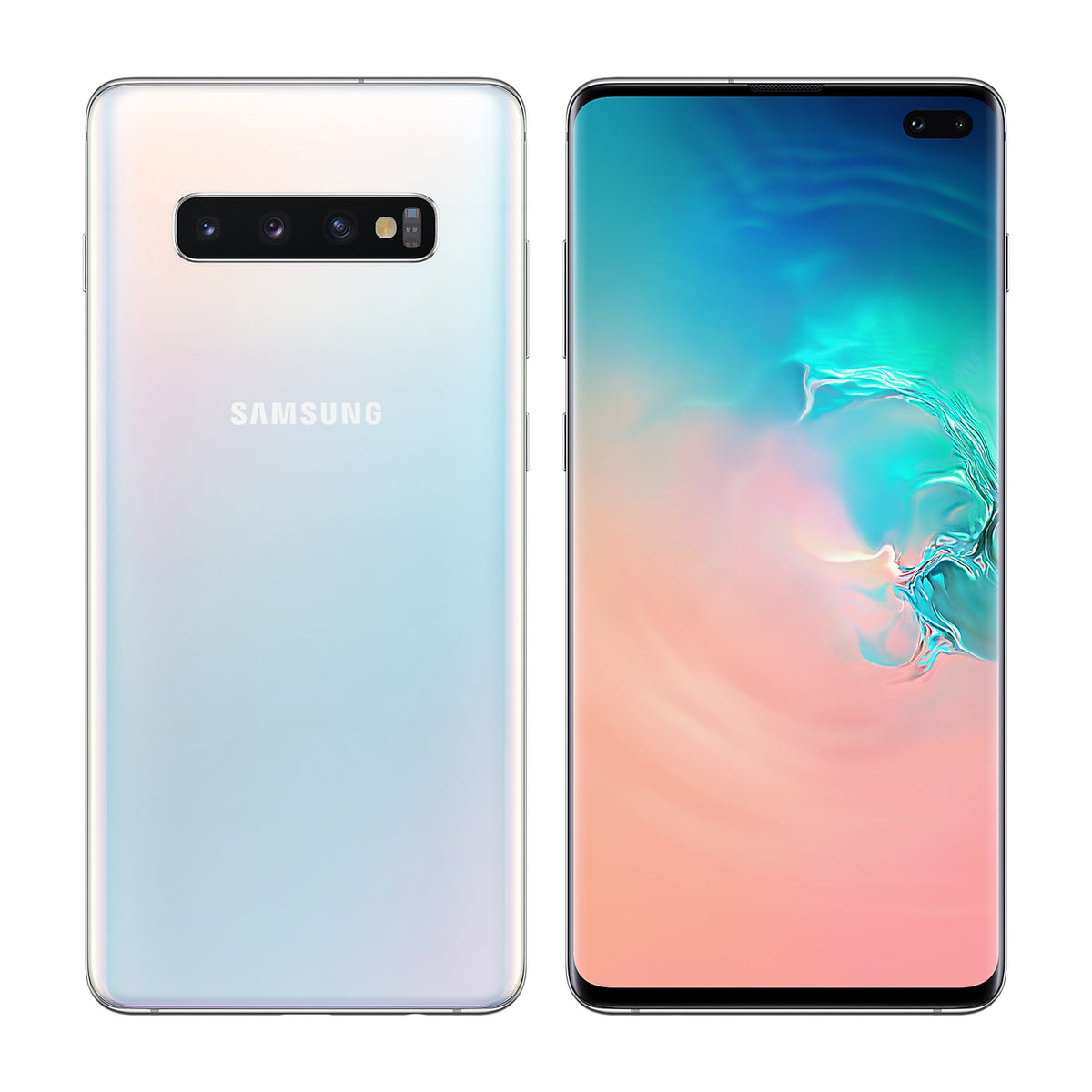 Samsung Galaxy S10+ in Prism White, front and back view