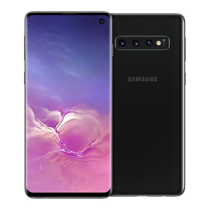 Samsung Galaxy S10 in Prism Black, front and back view