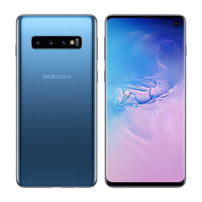 Samsung Galaxy S10 in Prism Blue, front and back view