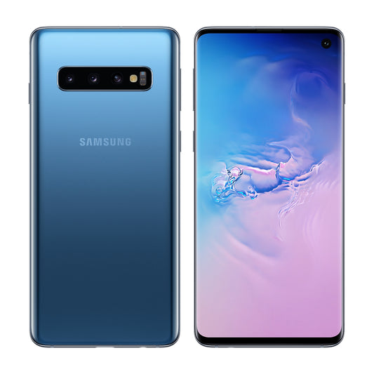 Samsung Galaxy S10 in Prism Blue, front and back view