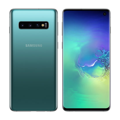 Samsung Galaxy S10 in Prism Green, front and back view
