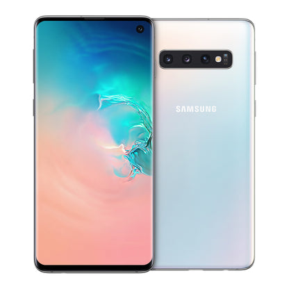 Samsung Galaxy S10 in Prism White, front and back view