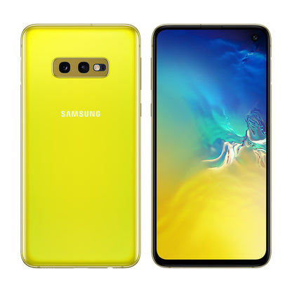 Samsung Galaxy S10e in Canary Yellow, front and back view