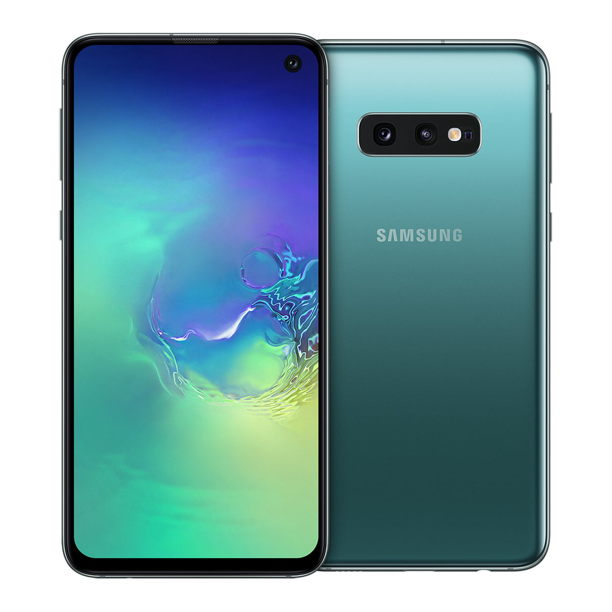 Samsung Galaxy S10e in Prism Green, front and back view