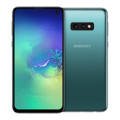 Samsung Galaxy S10e in Prism Green, front and back view