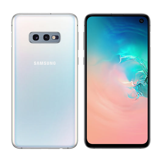 Samsung Galaxy S10e in Prism White, front and back view
