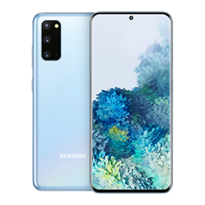 Samsung Galaxy S20 in Cloud Blue, front and back view