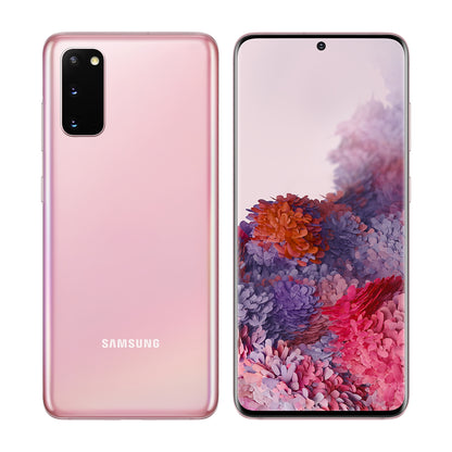 Samsung Galaxy S20 in Cloud Pink, front and back view