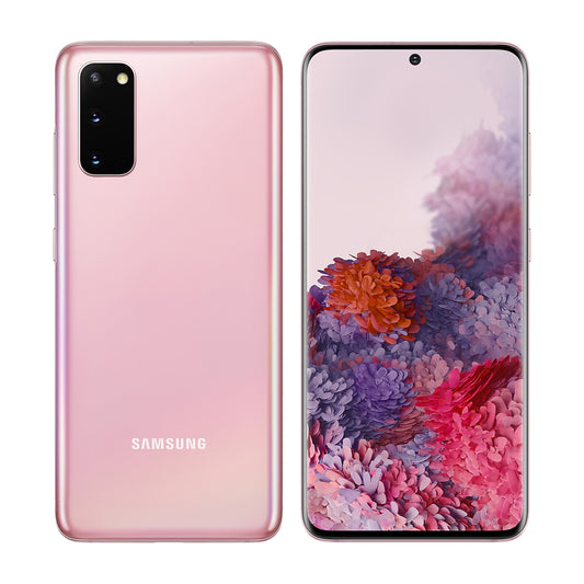 Samsung Galaxy S20 in Cloud Pink, front and back view