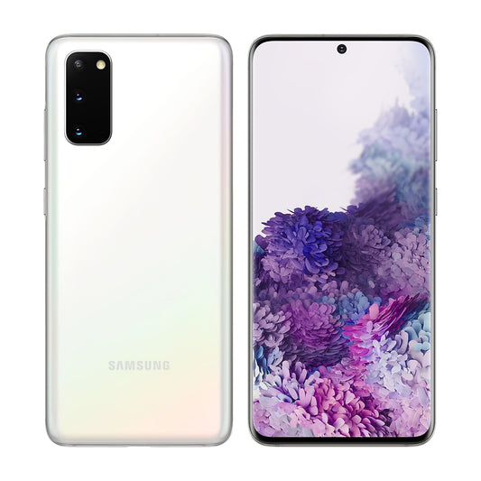 Samsung Galaxy S20 in Cloud White, front and back view