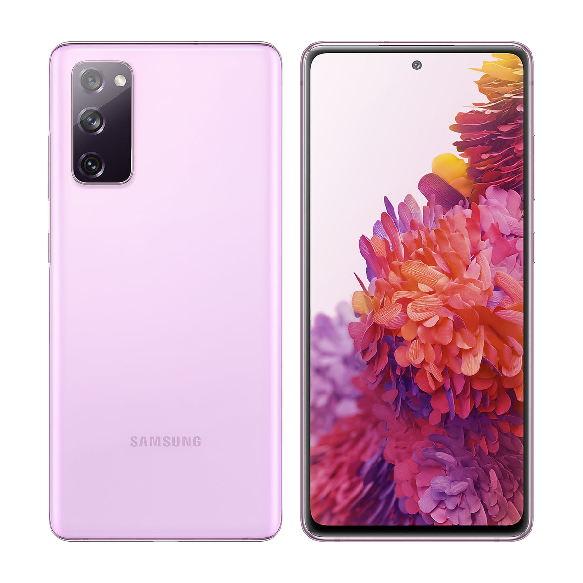 Samsung Galaxy S20 FE in Cloud Lavender, front and back view