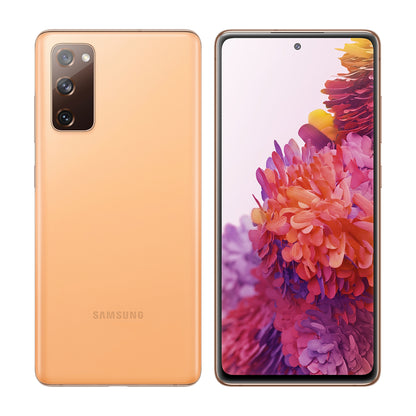 Samsung Galaxy S20 FE in Cloud Orange, front and back view