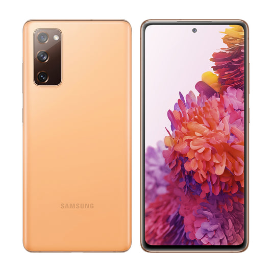 Samsung Galaxy S20 FE in Cloud Orange, front and back view
