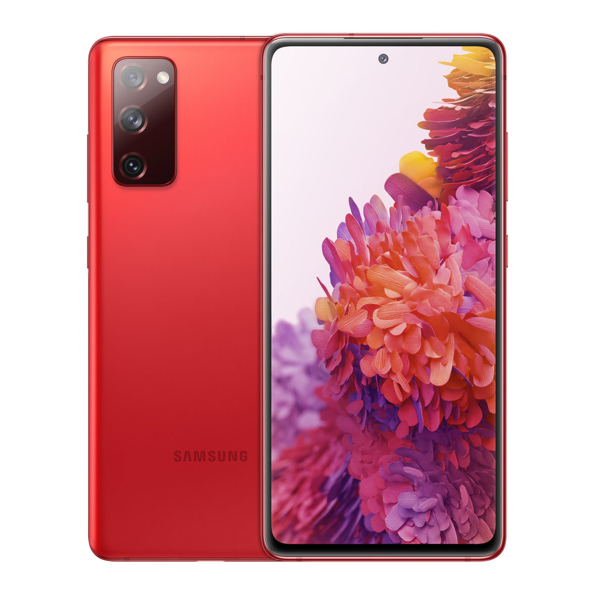 Samsung Galaxy S20 FE in Cloud Red, front and back view