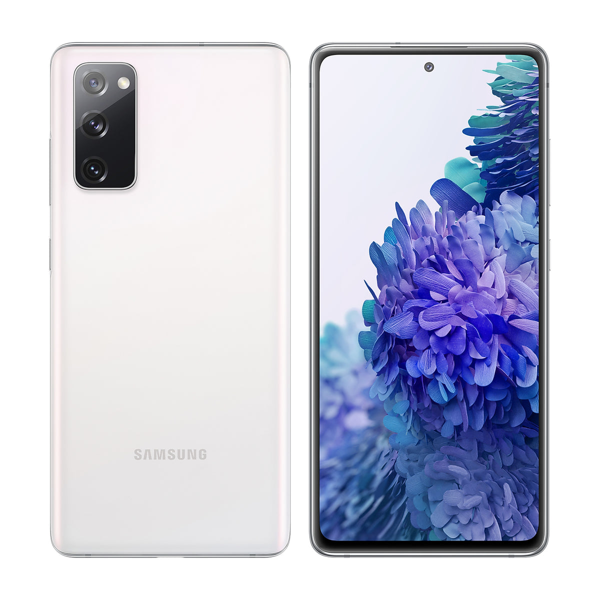 Samsung Galaxy S20 FE in Cloud White, front and back view