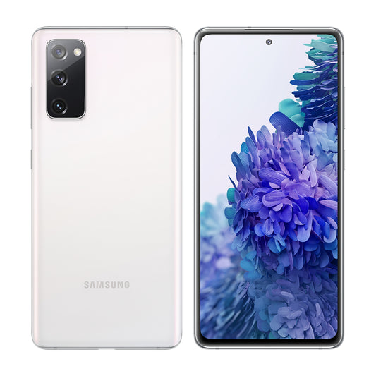 Samsung Galaxy S20 FE in Cloud White, front and back view