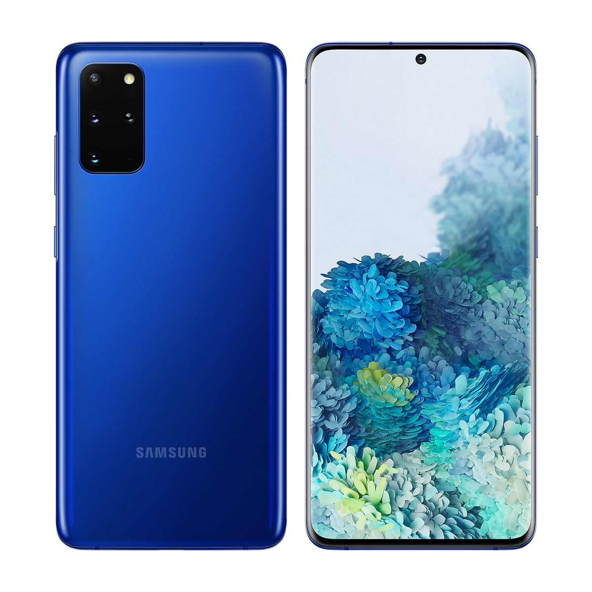 Samsung Galaxy S20+ in Aura Blue, front and back view