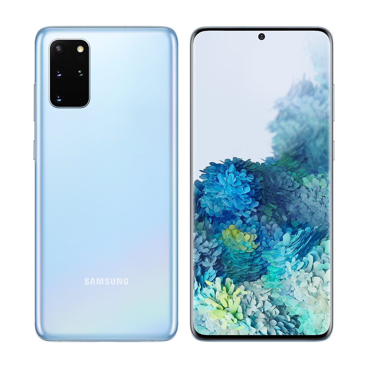 Samsung Galaxy S20+ in Cloud Blue, front and back view