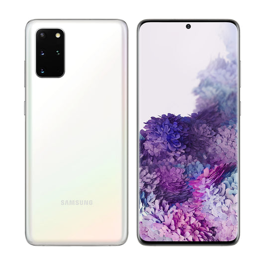 Samsung Galaxy S20+ in Cloud White, front and back view