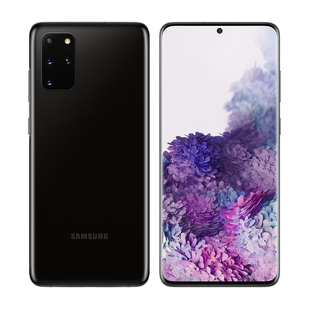 Samsung Galaxy S20+ in Cosmic Black, front and back view