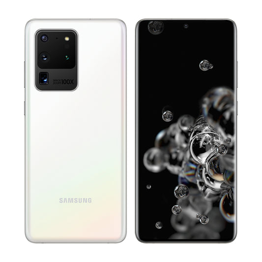 Samsung Galaxy S20 Ultra 5G in Cloud White, front and back view