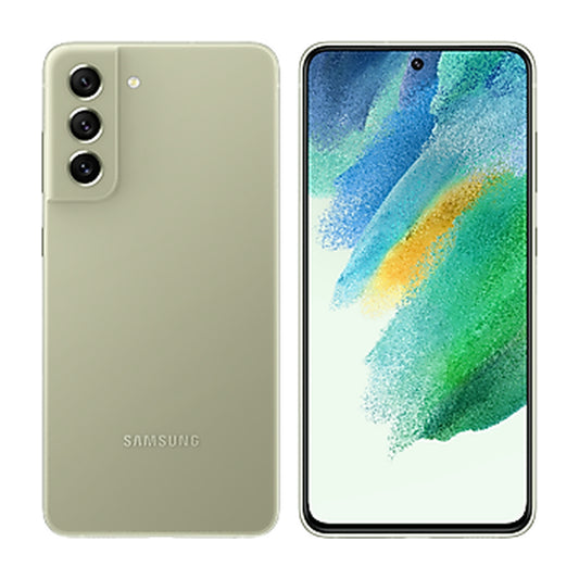 Samsung Galaxy S21 FE 5G in Olive, front and back view