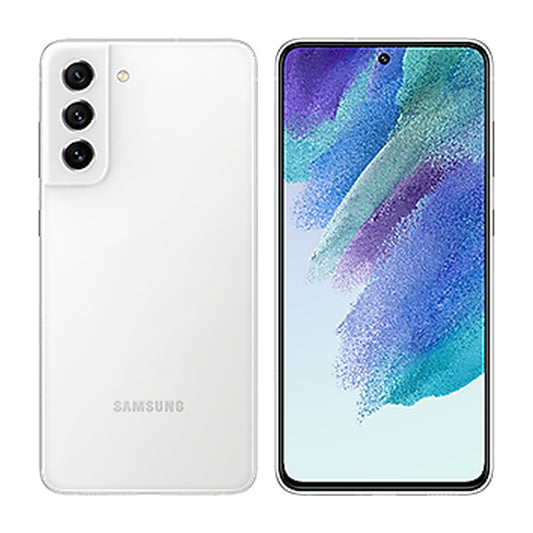 Samsung Galaxy S21 FE 5G in White, front and back view