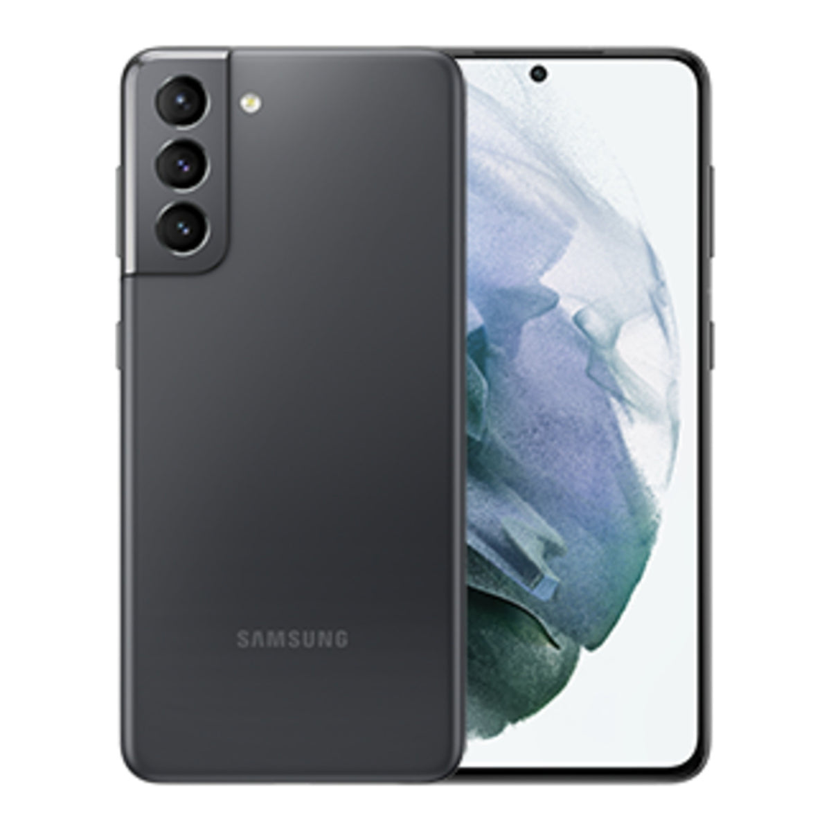 Samsung Galaxy S21 5G in Phantom Gray, front and back view