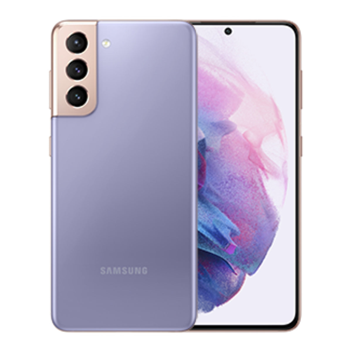Samsung Galaxy S21 5G in Phantom Violet, front and back view