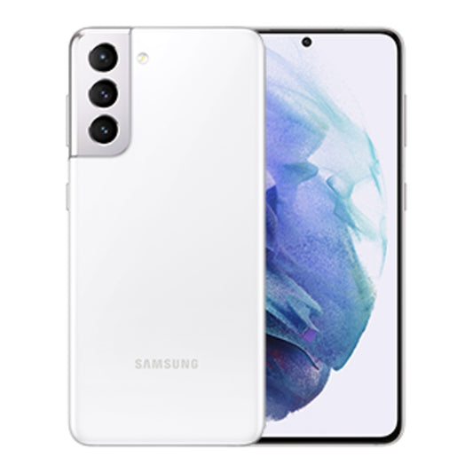 Samsung Galaxy S21 5G in Phantom White, front and back view