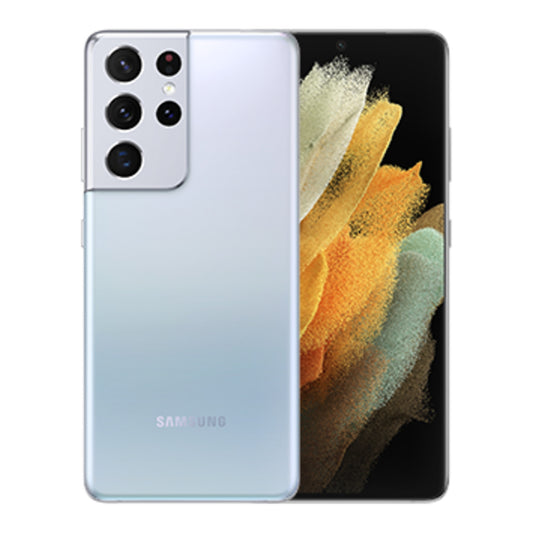 Samsung Galaxy S21 Ultra 5G in Phantom Silver, front and back view