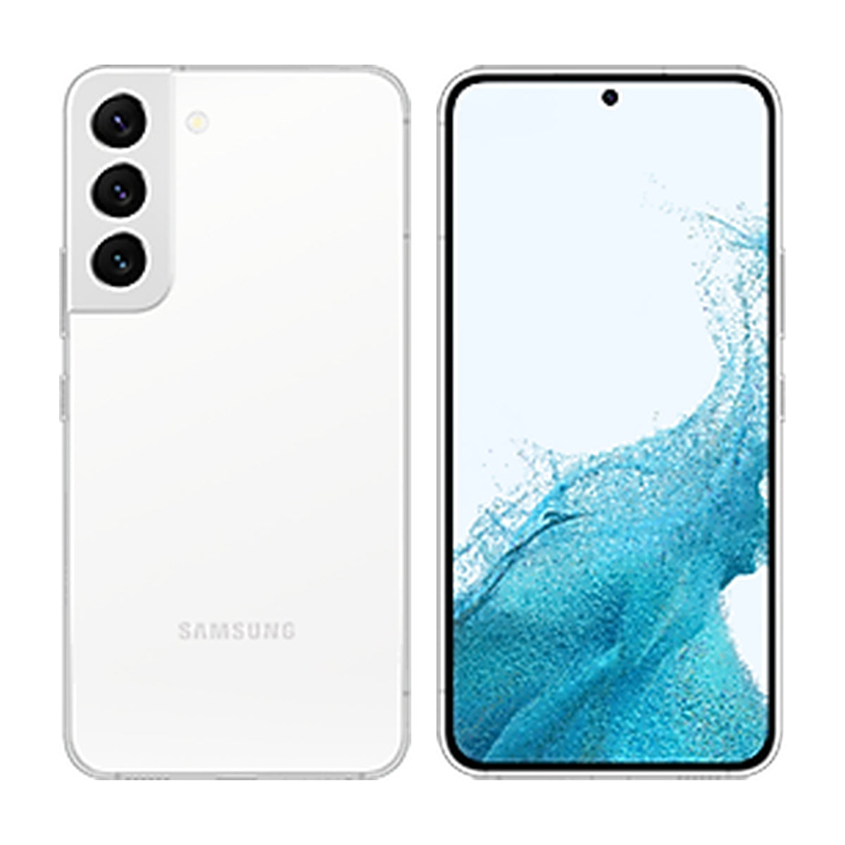 Samsung Galaxy S22 in Phantom White, front and back view