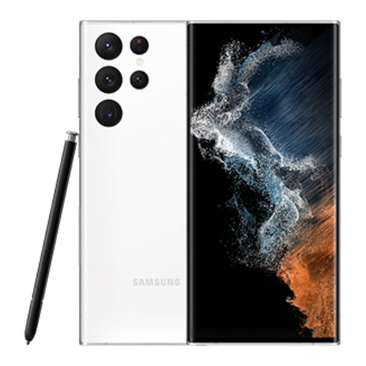 Samsung Galaxy S22 Ultra 5G in Phantom White, front and back view