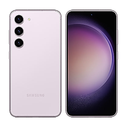 Samsung Galaxy S23 in Lavender, front and back view