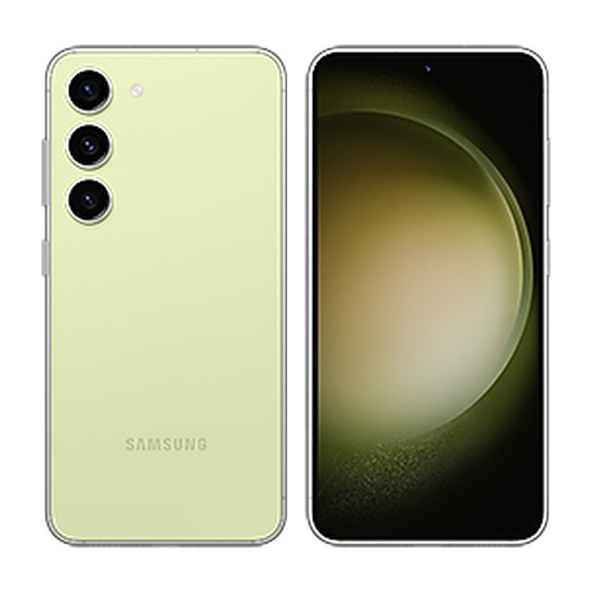 Samsung Galaxy S23 in Lime, front and back view