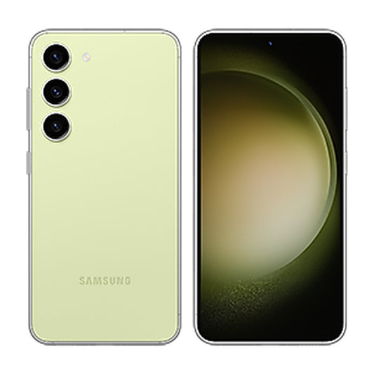Samsung Galaxy S23 in Lime, front and back view