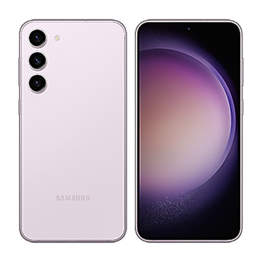 Samsung Galaxy S23+ in Lavender, front and back view