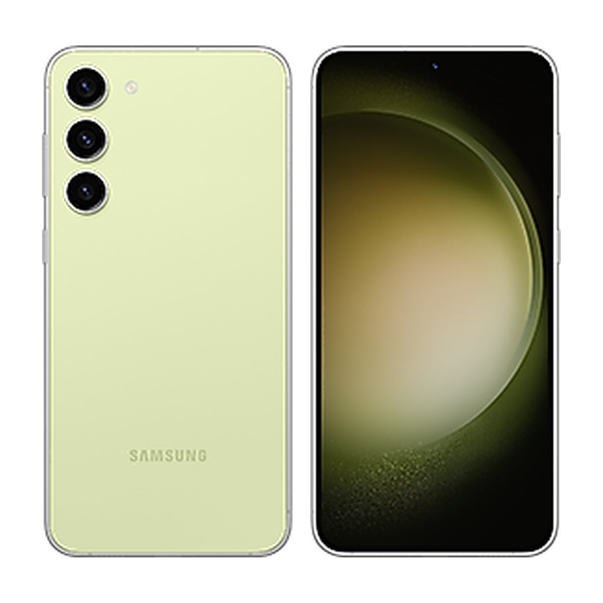 Samsung Galaxy S23+ in Lime, front and back view