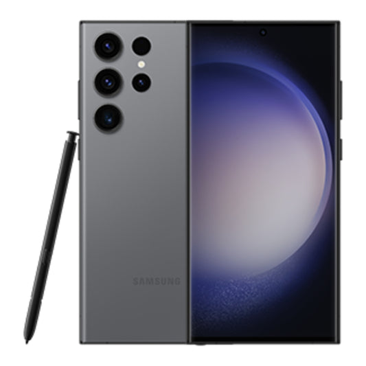 Samsung Galaxy S23 Ultra in Graphite, front and back view