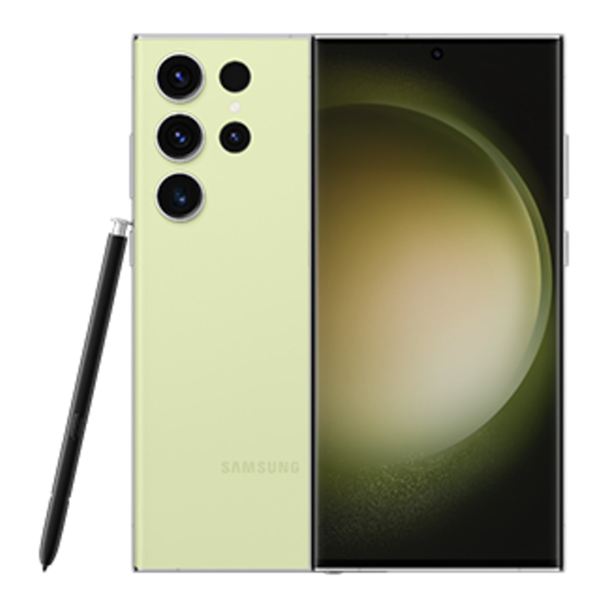 Samsung Galaxy S23 Ultra in Lime, front and back view