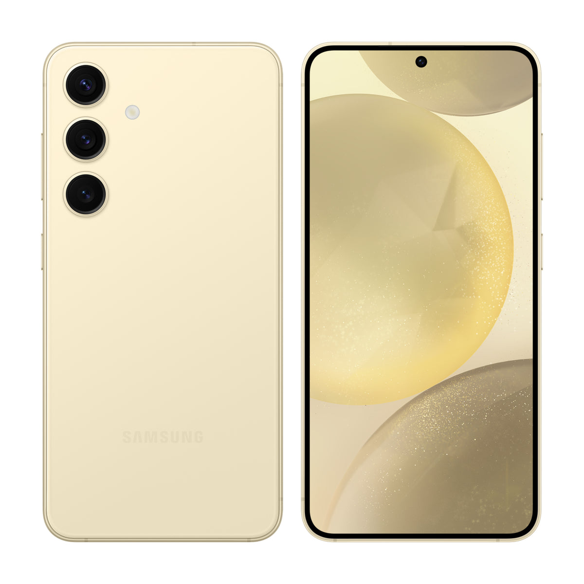 Samsung Galaxy S24 in Amber Yellow, front and back view