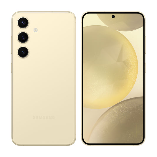 Samsung Galaxy S24 in Amber Yellow, front and back view