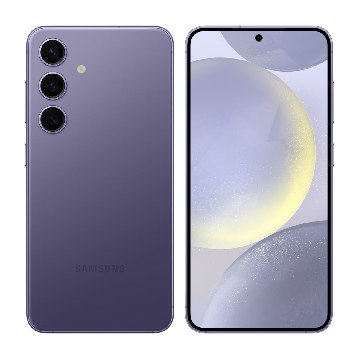 Samsung Galaxy S24 in Cobalt Violet, front and back view