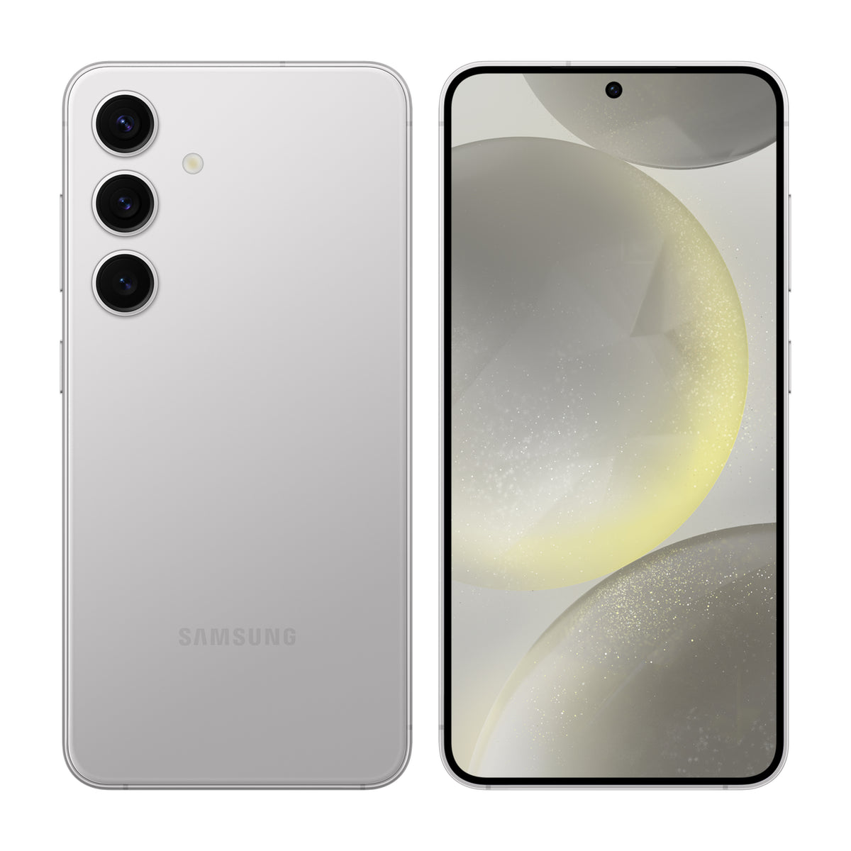 Samsung Galaxy S24 in Marble Grey, front and back view