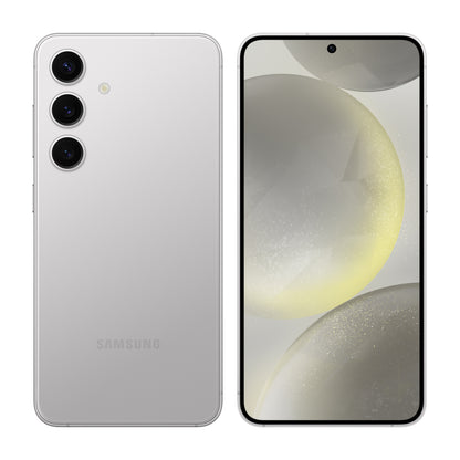 Samsung Galaxy S24 in Marble Grey, front and back view