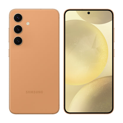 Samsung Galaxy S24 in Sandstone Orange, front and back view