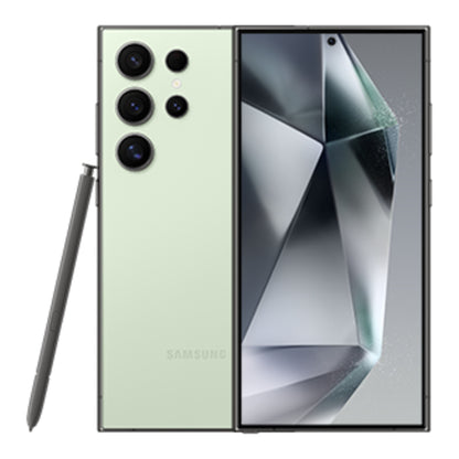 Samsung Galaxy S24 Ultra in Green Titanium, front and back view